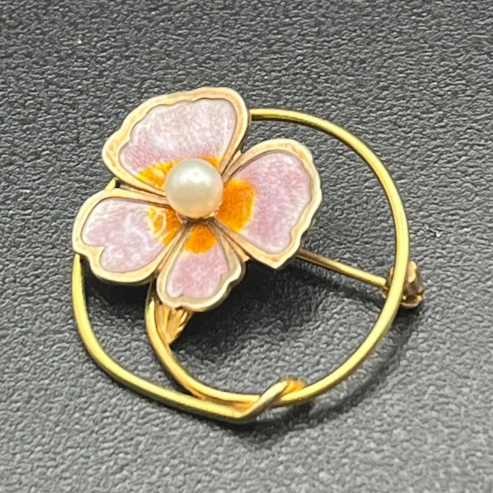 Creed 12K Gold Filled & Sterling Enamel Flower Brooch Mid Century Pearl Pin - Picture 5 of 11